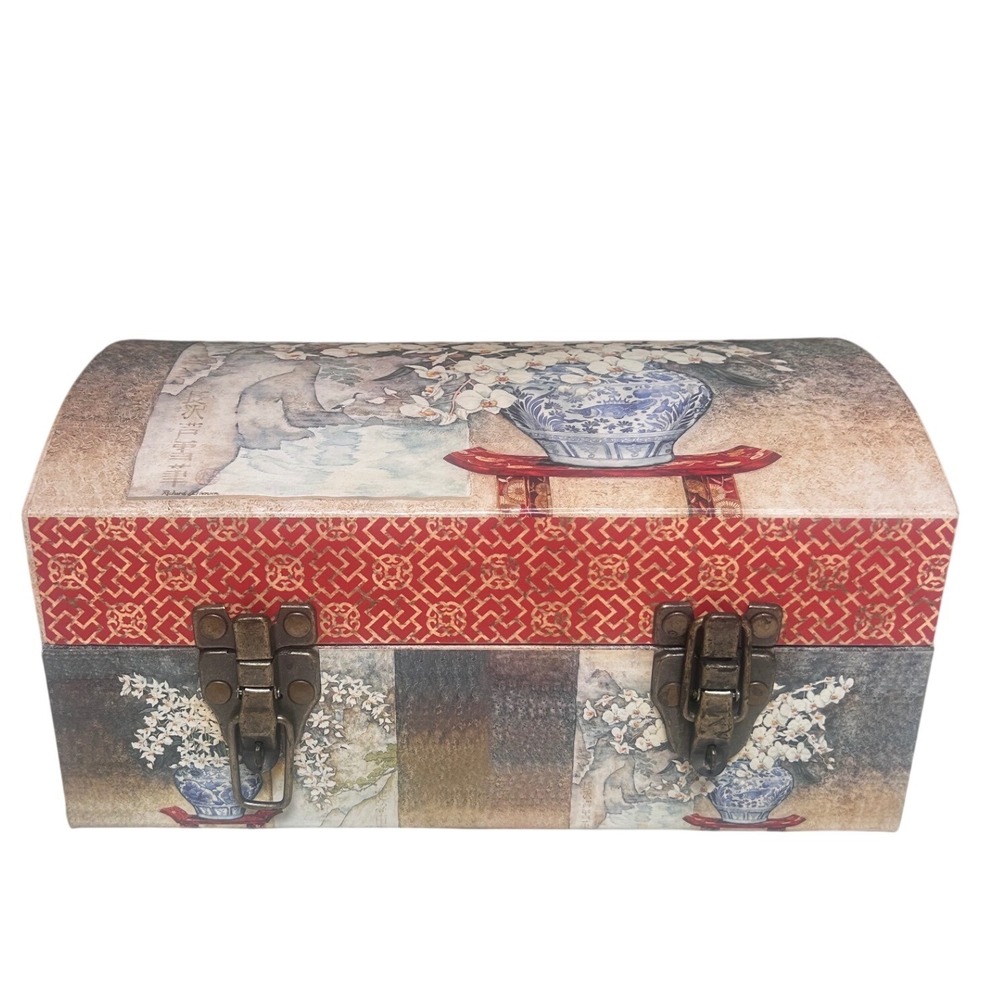 Asian Inspired Orchid Floral Wooden Storage Trunk Chest Blue White Vase 12in